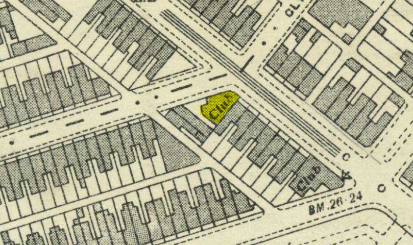 OS Map of 1941, showing 86 Corporation Road marked as (the Grangetown Catholic) club.